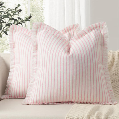 ZWJD Throw Pillow Covers 20x20 Set of 2 Striped Pillow Covers with Fringe Chic Cotton Decorative Pillows Square Cushion Covers for Sofa Couch Bed Living Room Farmhouse Decor (Pink)