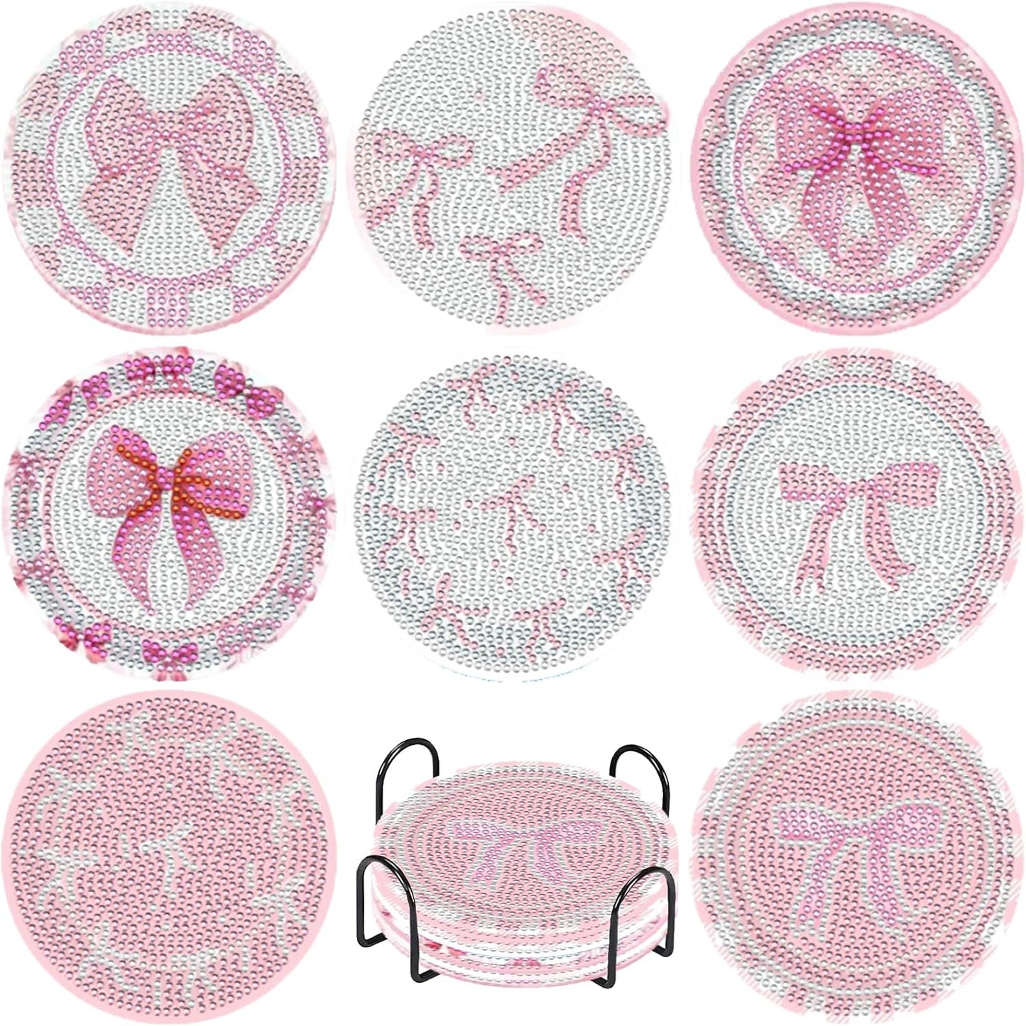 8 Pcs Diamond Painting Coasters,Diamond Painting Kits,Pink Bow Diamond Art Coasters,5D DIY Full Drill Diamond Dots,Gem Art Kits for Adults Arts and Crafts Supplies