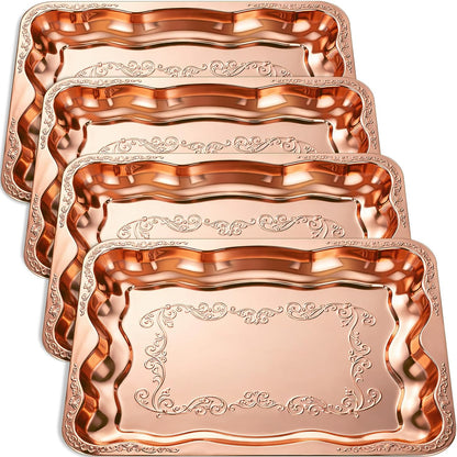 FoldTier 4 Pack Serving Trays Set for Party, Butterfly Floral Bronze Platter Engraved Mirror Tray, 15.8 x 11.6 Inches Elegant Metal Plate for Food Appetizer Cookies Desserts (Rose Gold)