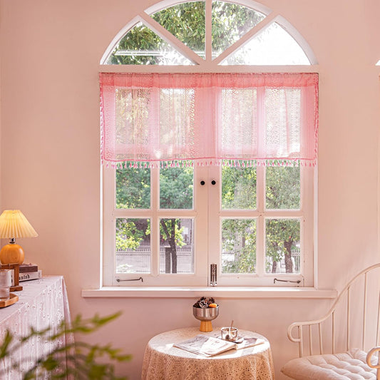 Deeprove Pink Boho Curtain Valance 18 Inch Length for Kitchen Cafe Short Bohemian Sheer Lace Crochet Curtain Knitting Tassel for Girl Nursery Bedroom Vintage Window Treatment Decor W59 x L18, 1 Panel