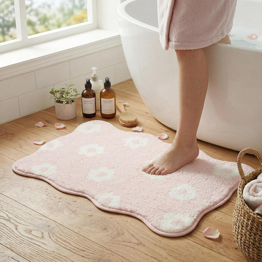 GRANNY SAYS Cute Floral Bathroom Rugs 16" x 24",Non-Slip Flower Beige Bath Mats for Bathroom, Plush Shag Absorbent Microfiber Ultra Soft Bath Mat, Washable Rug for Tub, Shower, Bedroom, Pink