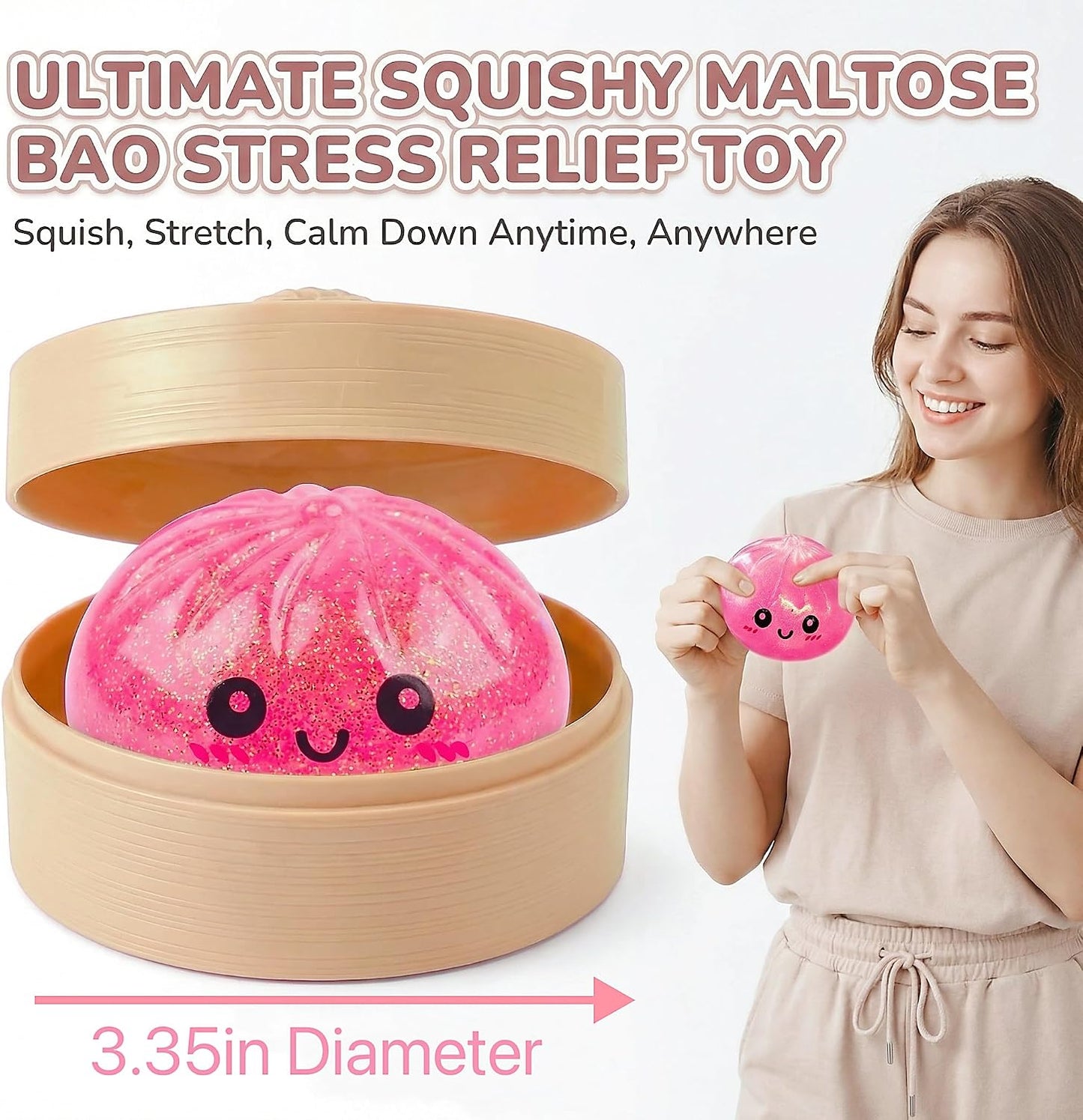 1PCS Dumpling Glitter Stress Ball, Cute Squishy Toys for Kids – 3.94" Squishy Stress Sugar Balls for Adults, Squeeze Sensory Toys (Two Pink Styles; one Will be Selected at Random).