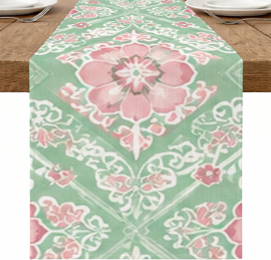 Vintage Floral Table Runner, Peach Blossom Bohemian Pattern for Spring Home Decor and Family Gatherings 13x108 Inch