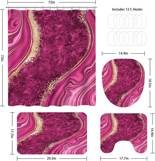 4PCS Pink Gold Marble Bathroom Sets with Shower Curtain and Rugs, Hot Pink Shower Curtain Sets with Rugs, Abstract Bathroom Curtains Shower Set with Accessories