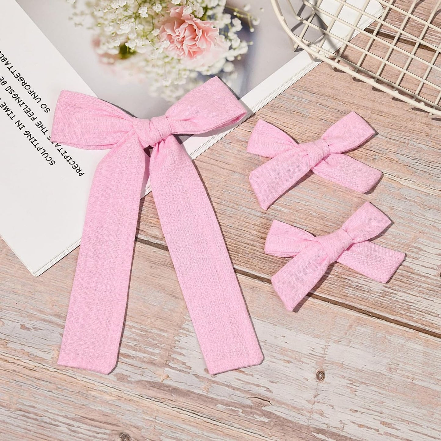 DEEKA Light Pink Cotton Linen Hair Bows 2 Sizes 5"&3.5" Soft Hair Bow set for Toddler Girls Long Ponytail Knot Bows Alligator Clip Hair Accessories for Little School Girls (Light Pink)