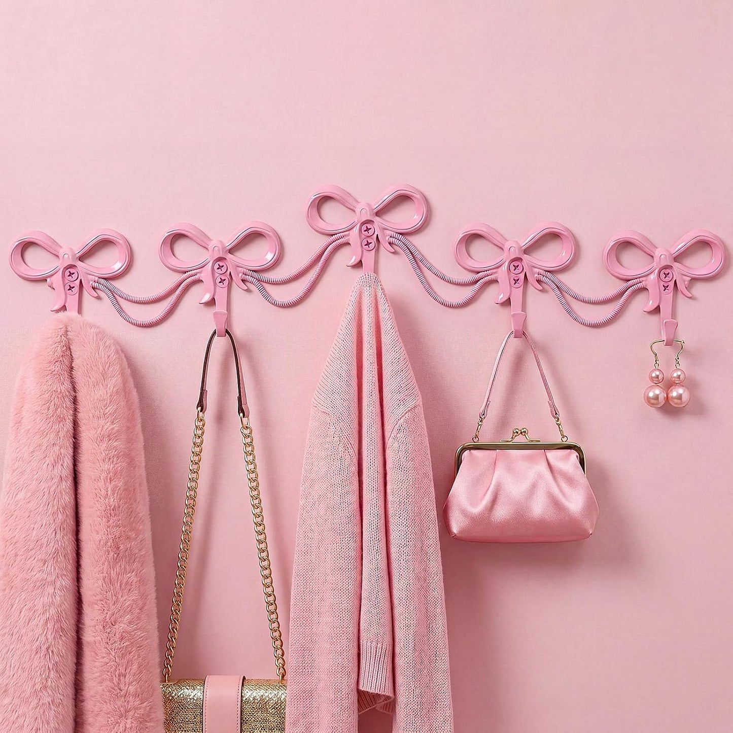 1 Set Gold Bows Wall Hooks Bow Knot Hooks for Nursery Bedroom Bathroom Cute Wall Mounted Functional Decorative Coat Holder for Hats Bags Tie Bath Coats(5 Hook Bow Style,Pink)