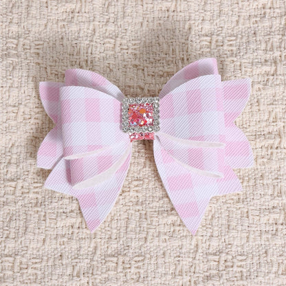 3.5'' Glitter Light Pink Checkered Plaid Hair Bows for Girls Women 2pcs Sparkly Grids Checkered Leather Bow Alligator Clips for Wedding Everyday Dress Decor Accessory Birthday Gift
