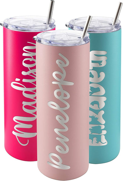 Personalized Tumblers for Women, 20 Oz. w Straw & Cleaner Brush | 8 Color - 12 Font - Light Pink | Custom Tumblers for Her, Mom - Personalized Gifts - Stainless Steel Custom Cups