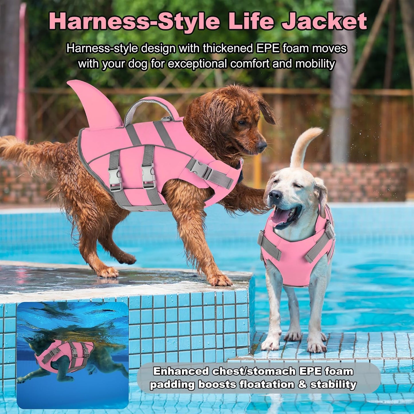 Dogcheer Cute Shark Dog Life Jacket with Reflective Fin, Adjustable Swim Vest for Small to Large Dogs, High Buoyancy Flotation Device for Pool, Beach, Boating - Light Pink,M