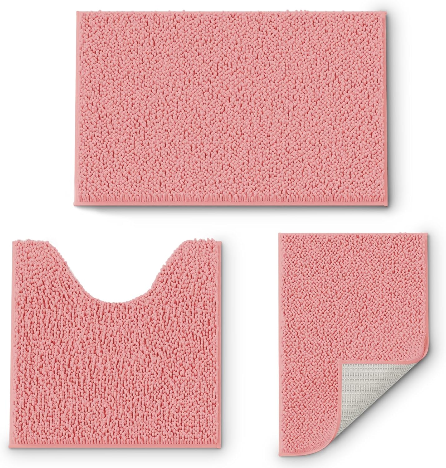 Bathroom Rugs Sets 3 Piece, Pink Extra Soft Absorbent Chenille Bath Rugs, Non Slip Rubber Backing Machine Washable Quick Dry Bath Mats for Bathroom Floor, Tub, Shower, Home Decor Accessories