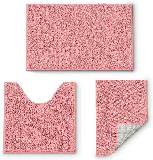 Bathroom Rugs Sets 3 Piece, Pink Extra Soft Absorbent Chenille Bath Rugs, Non Slip Rubber Backing Machine Washable Quick Dry Bath Mats for Bathroom Floor, Tub, Shower, Home Decor Accessories
