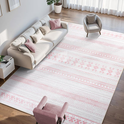 6x9 Washable Area Rug, Boho Moroccan Farmhouse Neutral Low Pile Carpet, Soft Non-Slip Rugs for Living Room Bedroom Dining Room Nursery Dorm Home Decor, Pink & White
