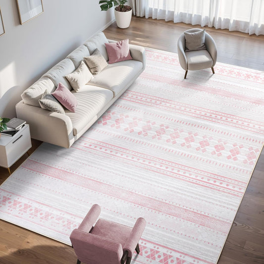 6x9 Washable Area Rug, Boho Moroccan Farmhouse Neutral Low Pile Carpet, Soft Non-Slip Rugs for Living Room Bedroom Dining Room Nursery Dorm Home Decor, Pink & White