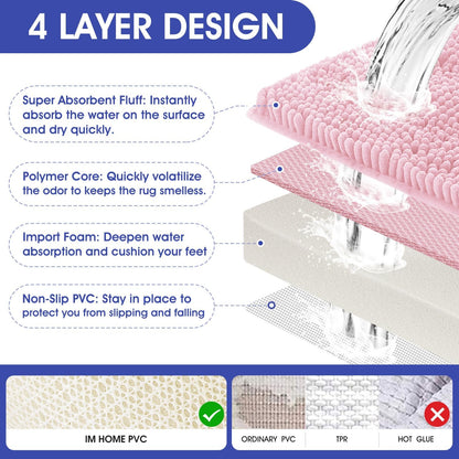 ACCUMTEK Christmas Striped Pink Bathroom Rug Set 3 Pieces Ultra Soft, Non Slip Chenille Toilet Mat, Absorbent Plush Shaggy Bath Mats for Bathroom, Bedroom, Kitchen