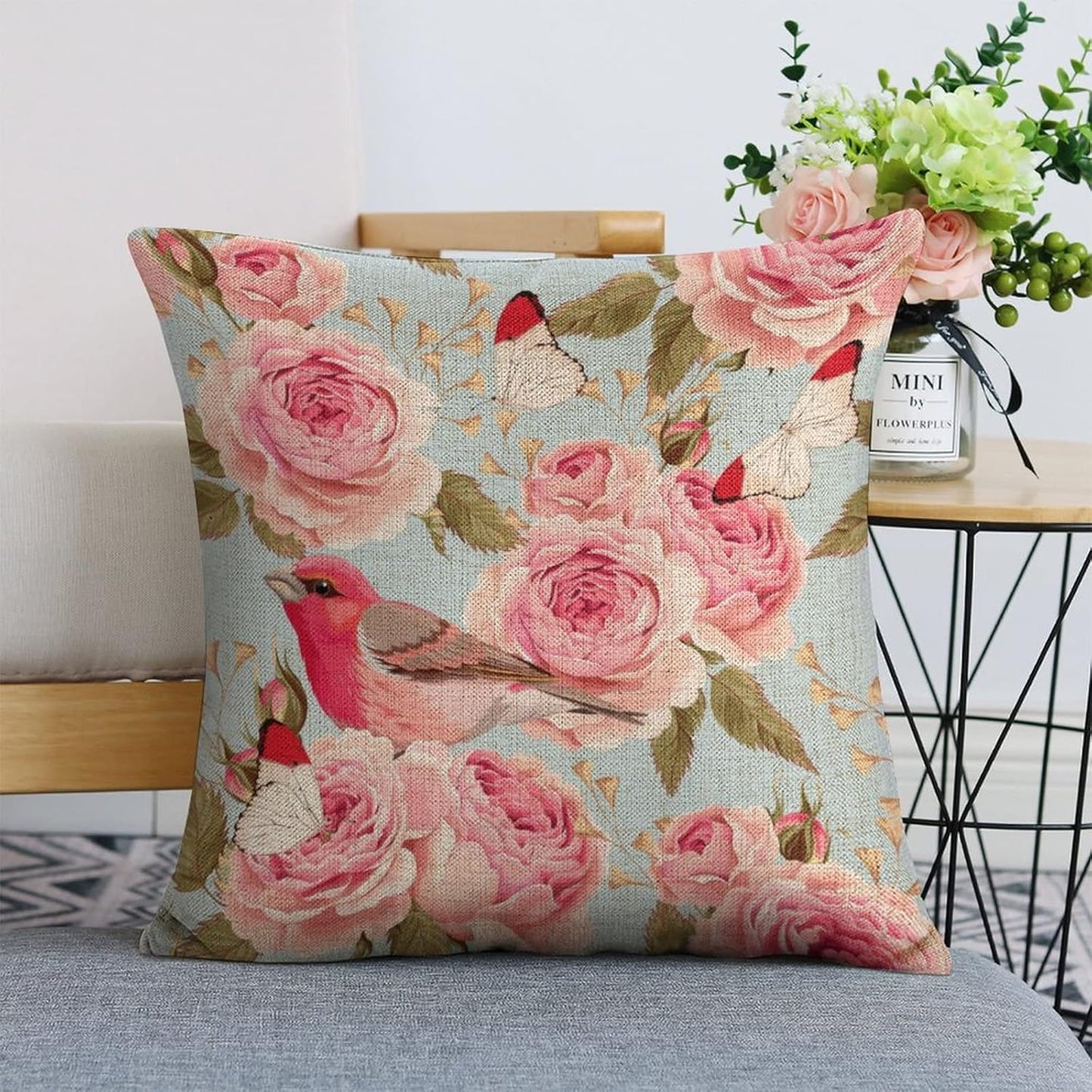 Linen Pillow Case Blue Pink Rose Bird Pattern 18x18 Inch Double Sided Decorative Cushion Cover for Sofa Bed Chair Car