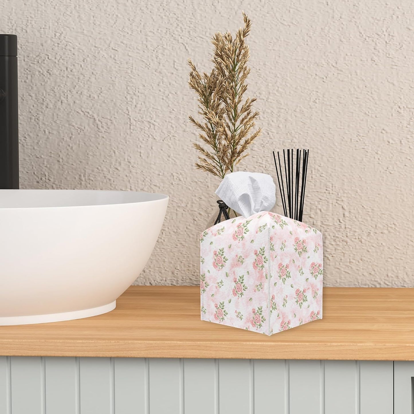 Pink Roses Tissue Box Cover Square - Decorative Waterproof Leather Tissue Box Holder for Home, Office, Bathroom - Paper Organizer Dispenser for Tabletop Countertop Night Stands Desk - A10