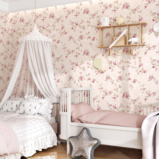 WESTICK Pink Floral Contact Paper for Walls Floral Peel and Stick Pink Wallpaper Vintage Self Adheisve Retro Rose Flower Wallpaper for Gilrs Bedroom Accent Wall Nursery Room Cabinets 17.5" x 118"