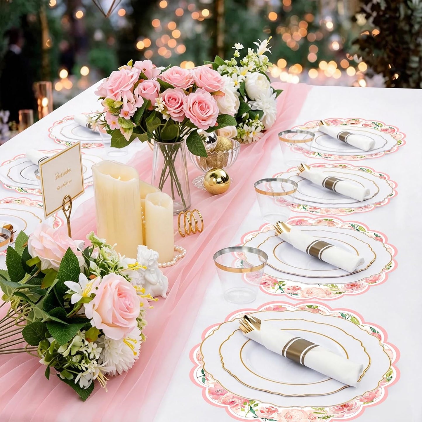 50 Pack Paper Placemats Disposable Pink Rose Floral Wedding Disposable Placemats Round Place Mats Spring Summer Table Mats for Birthday Wedding Anniversary Bride Party Supplies 13.7 Inch