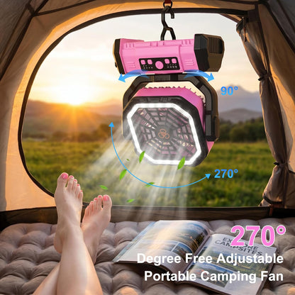 Honesorn Portable Fan Rechargeable 20000mAh, Camping Fan with LED Light & Remote, USB C Cordless Battery Powered, 4 Speeds Timer Hanging Hook for Travel Tent Outdoor Essentials - Pink