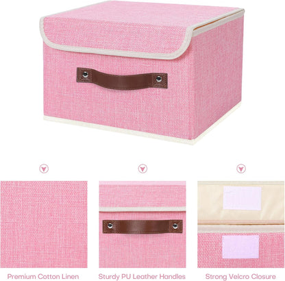 ANMINY Storage Bin with Lid Storage Boxes with PU Leather Handles PP Plastic Board Decorative Foldable Lidded Cotton Linen Fabric Home Cubes Baskets Closet Organizer Container - Pink, Small Size