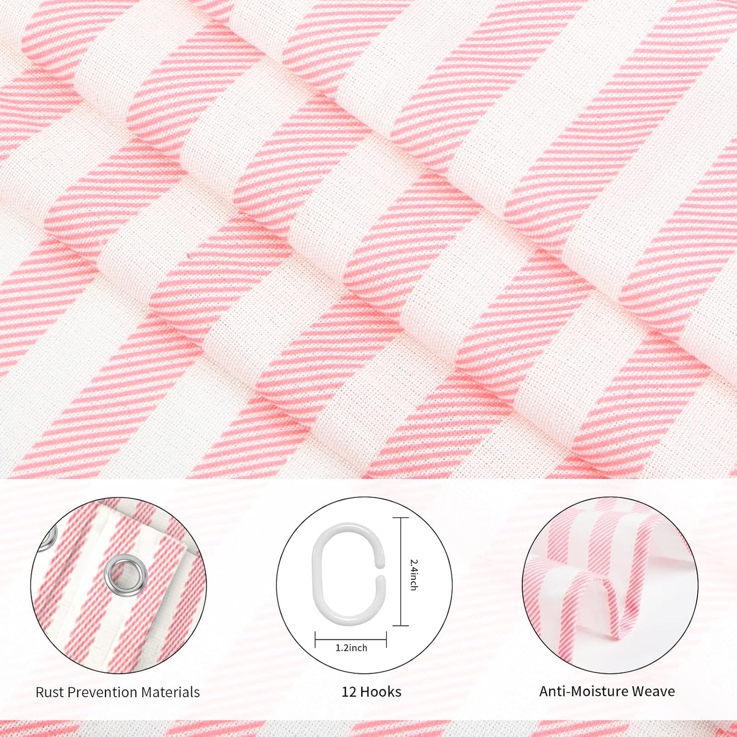 Pink White Striped Linen Cotton Waterproof Shower Curtain, Funny Stripe Shower Curtains for Bathroom Decor, Chic Fabric Cloth Shower Curtain 72" W x 72" L