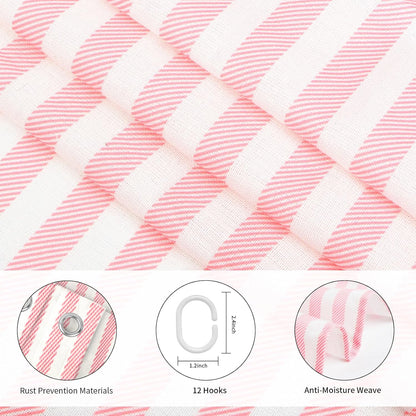 Pink White Striped Linen Cotton Waterproof Shower Curtain, Funny Stripe Shower Curtains for Bathroom Decor, Chic Fabric Cloth Shower Curtain 72" W x 72" L