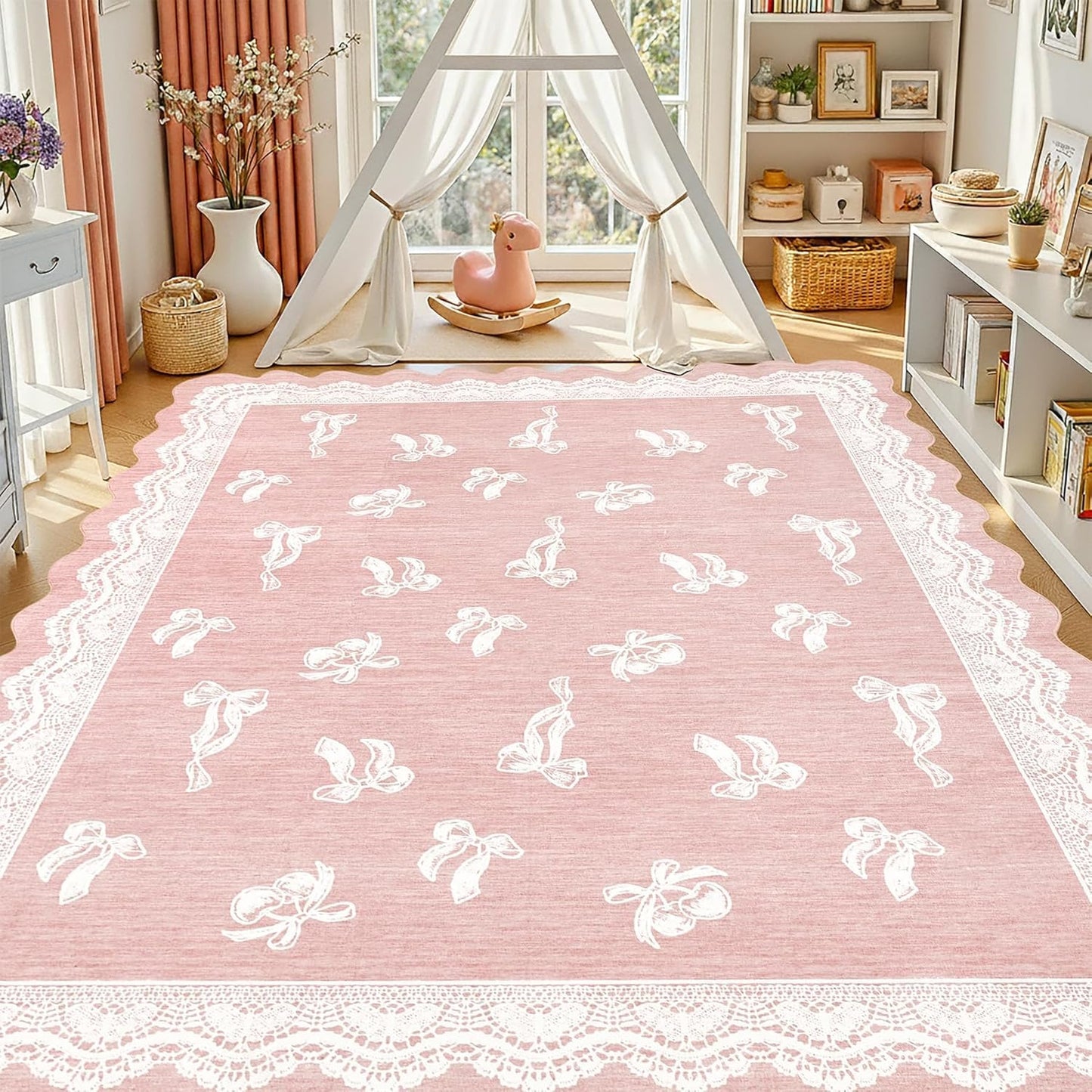 ORTIGIA 5x7 Scalloped Area Rug for Living Room, Pink Washable Low Pile Non Slip Rug with Bow Large Carpet for Girl Nursery Bedroom Playroom Dining Room Home Indoor Decor