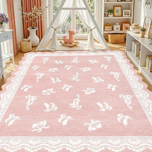 ORTIGIA 5x7 Scalloped Area Rug for Living Room, Pink Washable Low Pile Non Slip Rug with Bow Large Carpet for Girl Nursery Bedroom Playroom Dining Room Home Indoor Decor
