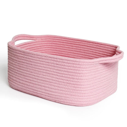 MEGASKET Pink Woven Storage Basket, Cotton Rope Gift Basket Empty, Cute Organizer for Girls, Decorative Baby Nursery Closet Bin, Pink Room Decor, Gift Ready Bin with Handle, Wicker Pet Toy Storage Box