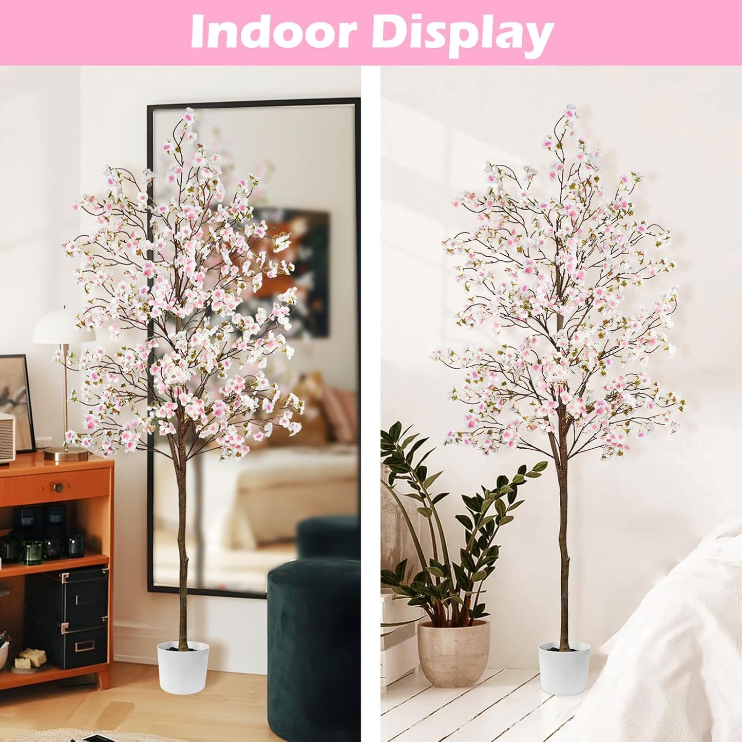 Caxchiling Cherry Blossom Tree 6FT, Artificial Pink Tree Indoor with White Planter, Faux Potted Silk Plant for Home, Office, Wedding, Garden, Party, Hotel Decoration