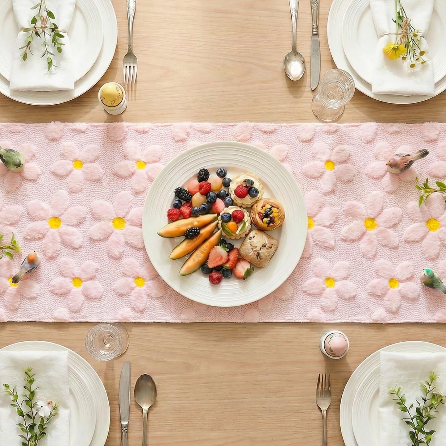 Artoid Mode Pink Soft Plush Faux Fur Jacquard Embroidery Daisy Spring Table Runner, Kitchen Dining Table Decoration for Home Party Decor 13x72 Inch