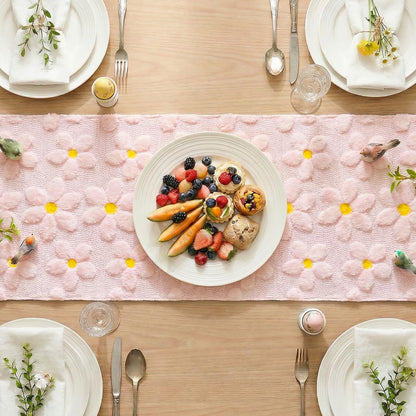 Artoid Mode Pink Soft Plush Faux Fur Jacquard Embroidery Daisy Spring Table Runner, Kitchen Dining Table Decoration for Home Party Decor 13x72 Inch