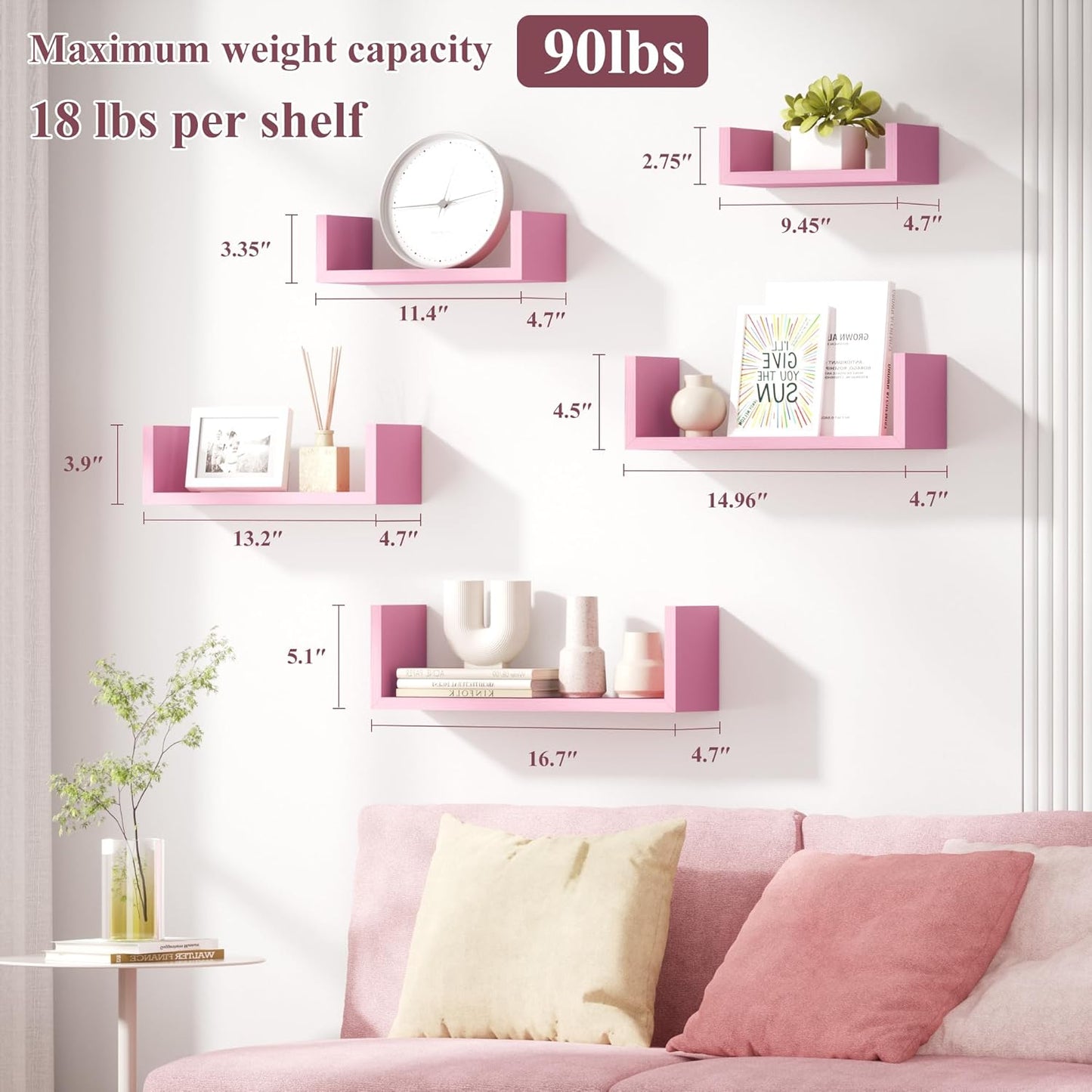 SRIWATANA Floating Shelves, Wall Shelves for Bathroom, Bedroom, Living Room, Kitchen, Office, Wood Shelves for Wall Decor Set of 5 (Pink)