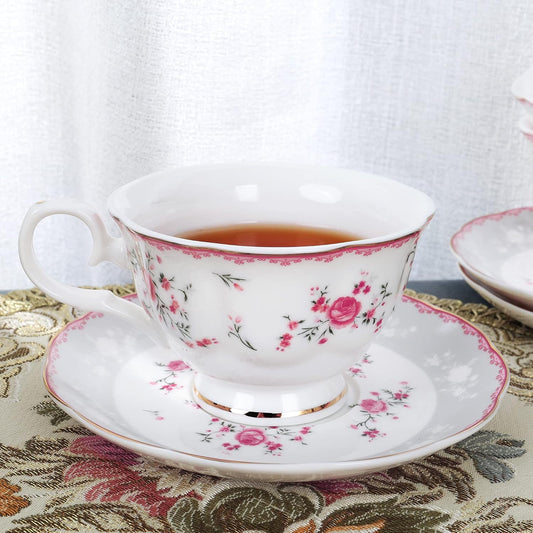 fanquare Pink Rose Tea Cup and Saucer Set for 6, British Vintage Afternoon Cup Set, Porcelain Coffee Cup with Gold Border, 5 oz