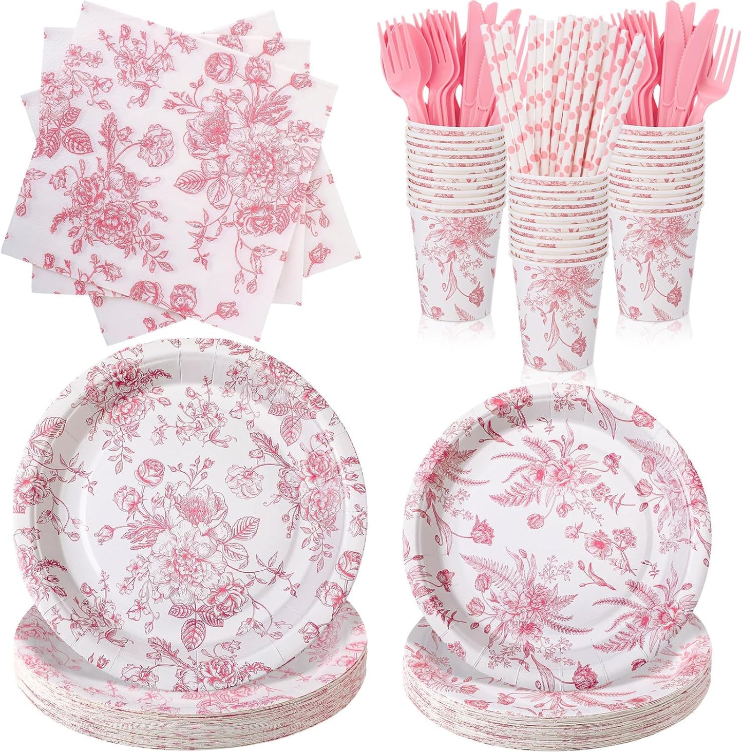 Yungyan 218 Pcs Pink Floral Plates and Napkins Pink and White Party Tableware Set Disposable Wildflower Paper Plates and Napkins Cups Tea Party Supplies for Wedding Bridal Shower Birthday Baby Shower
