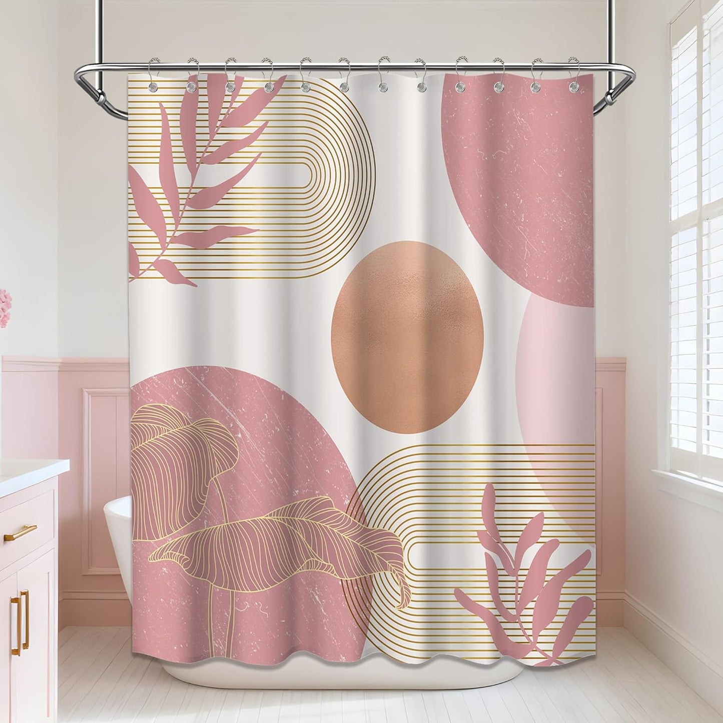Blush Pink Shower Curtain Light Pink and White Shower Curtains for Bathroom Decor Abstract MCM Bath Curtain Set, Waterproof Fabric with Hooks 70 x 72 Inch