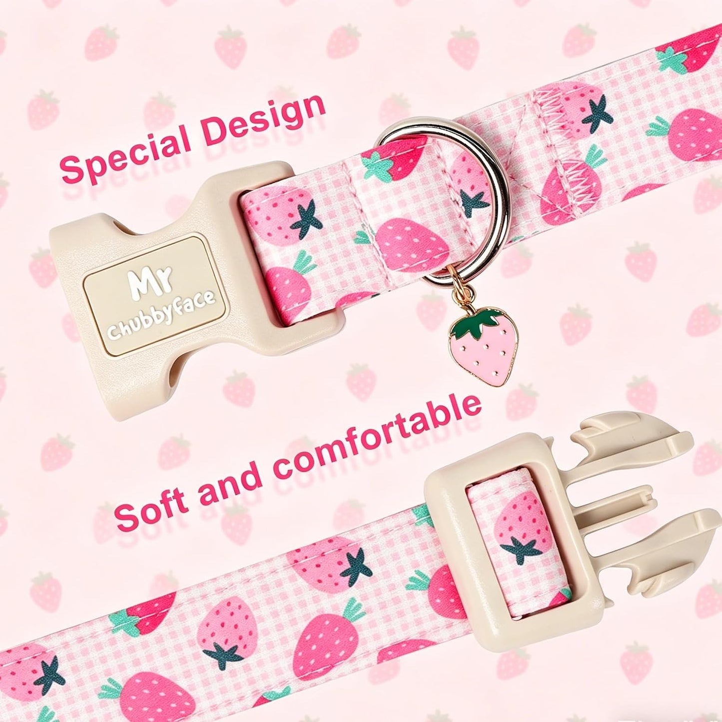 ·MR.CHUBBYFACE· Strawberry Dog Collar, Cute Spring Summer Girl Pink Checkered Pet Collar for Pup Small Medium Large Girly Female Dogs, Ideal for Beach Park Pool Walks-S