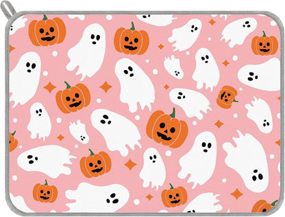 JarThenaAMCS Halloween Dish Drying Mat Pink Pumpkin Ghost Absorbent Dish Drainer Protector Pad for Kitchen Countertop Tableware Decor, 18 x 24 Inch