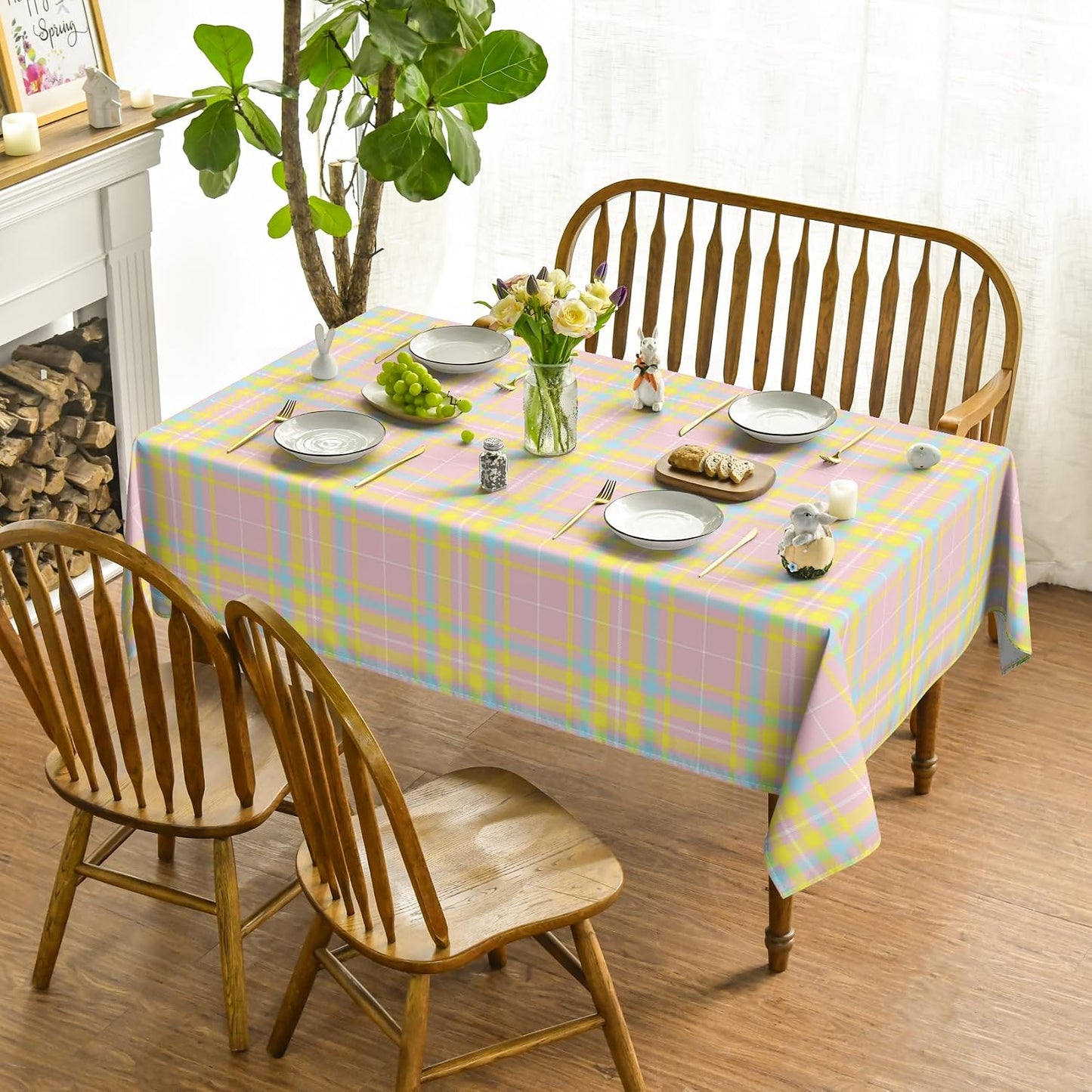 Horaldaily Easter Tablecloth 60×84 Inch Rectangular, Pink Buffalo Plaid Washable Seasonal Table Cover for Party Picnic Dinner Decor