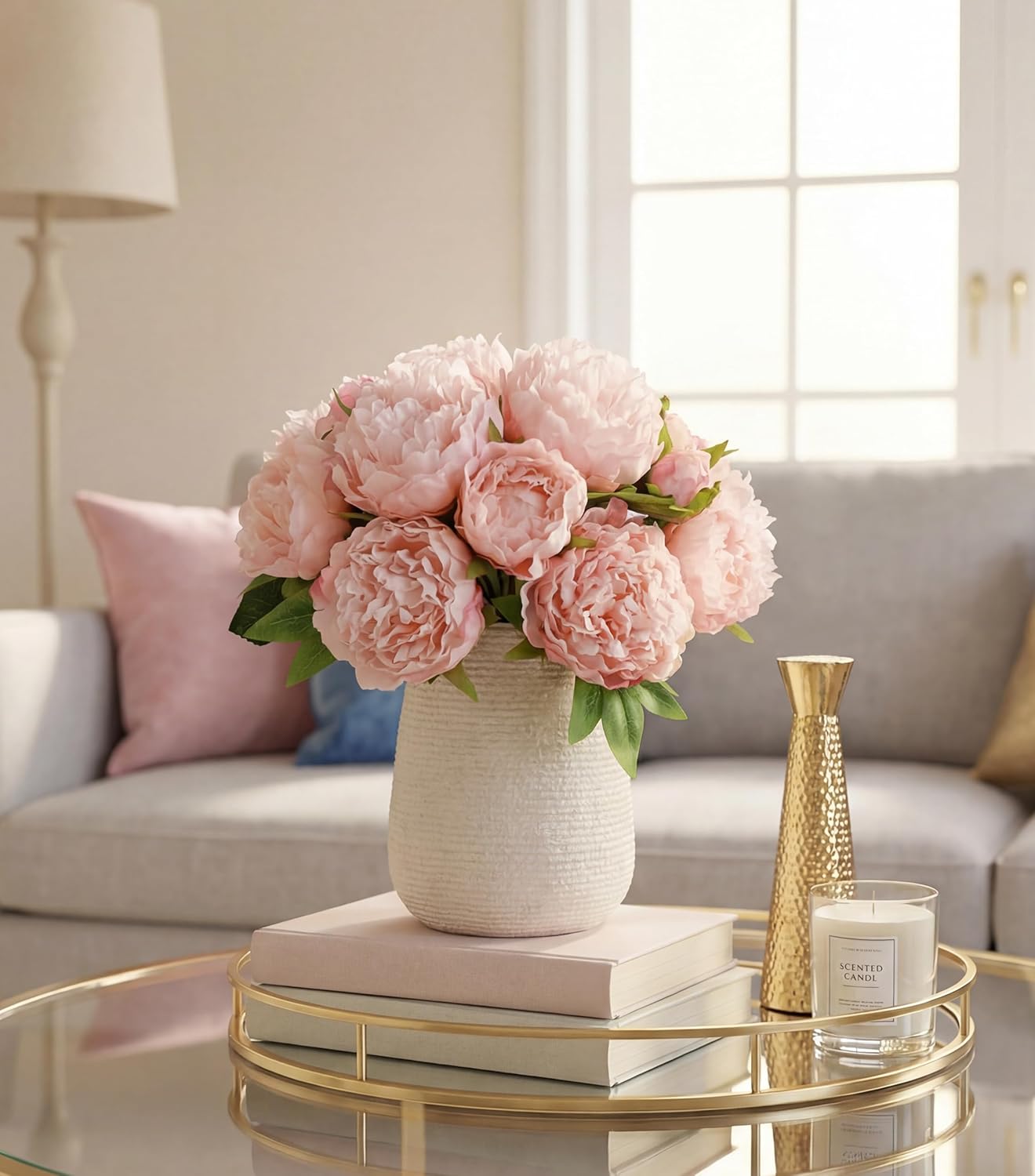 florisso Light Pink Peony Artificial Flowers - 11 Branches Silk Peonies for Vase Arrangements, Wedding Decor & Living Room Accents (Faux Flowers)