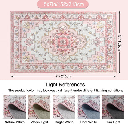 MOSISO 5x7 Area Rug for Living Room, Washable Area Rug, Non-Slip Vintage National Area Rugs, Low Pile Carpet, Faux Wool Rectangular Area Rugs Carpet for Living Room Bedroom Dining Room, Home, Pink