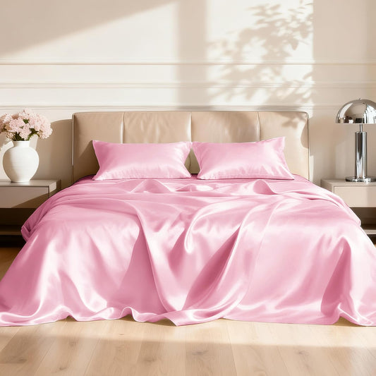 Love's cabin Full Size Satin Sheet Sets - 4 Piece Pink Silky Sheet Set Full with Deep Pocket, Luxury Silk Feel Bed Sheets Full Bedding Set (1 Flat Sheet,1 Fitted Sheet,2 Pillow Cases)