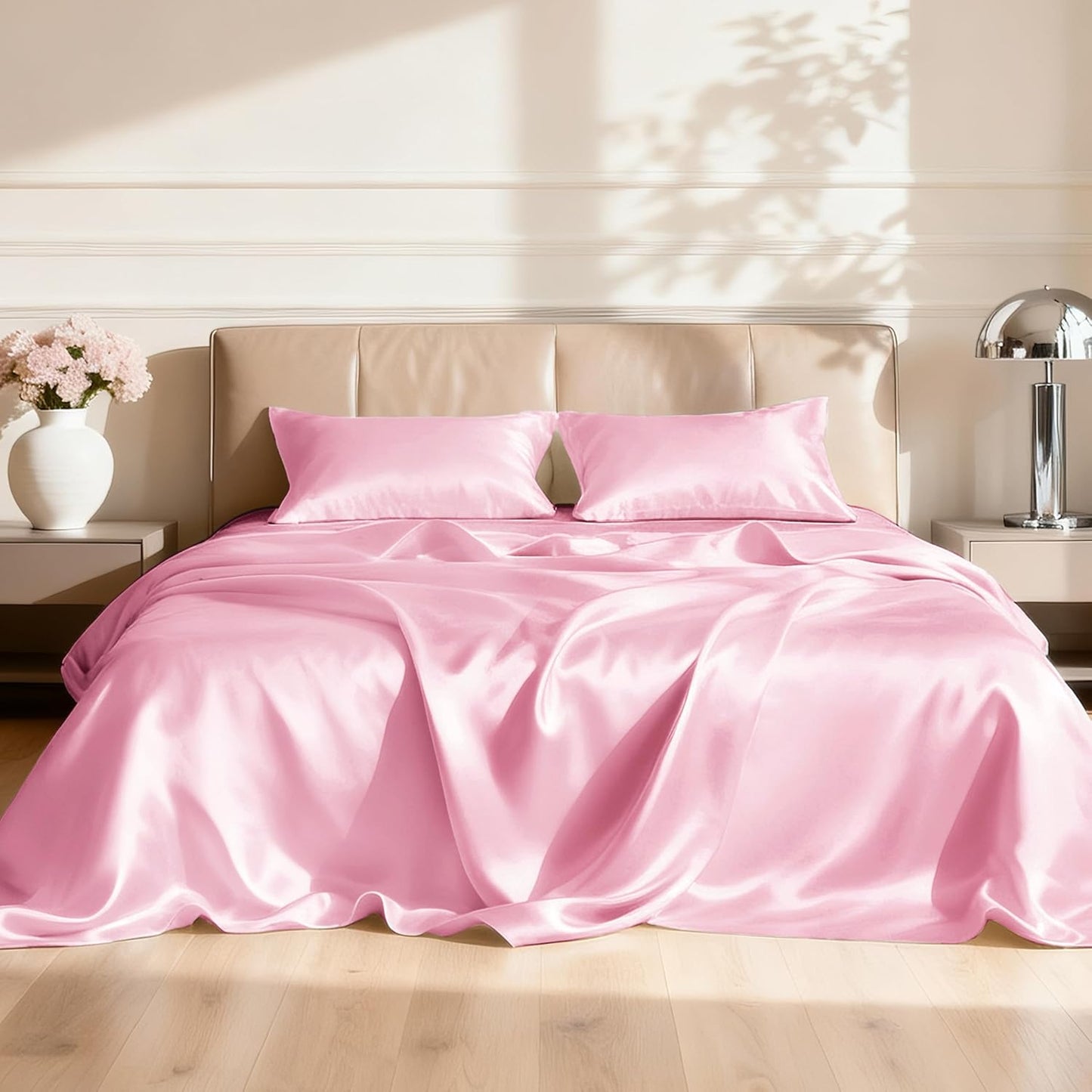 Love's cabin Satin King Sheet Sets - 4 Piece Pink Silky Sheets King Size Bed Set with Deep Pocket, Luxury Silk Feel King Size Satin Sheet Set (1 Flat Sheet,1 Fitted Sheet,2 Pillow Cases)