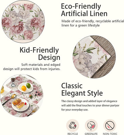 Placemats,Pink White Peony Flower Placemats 12x18 Inch Waterproof Non-Slip Washable Table Mats for Kitchen Dining Party Table Decor,Set of 6