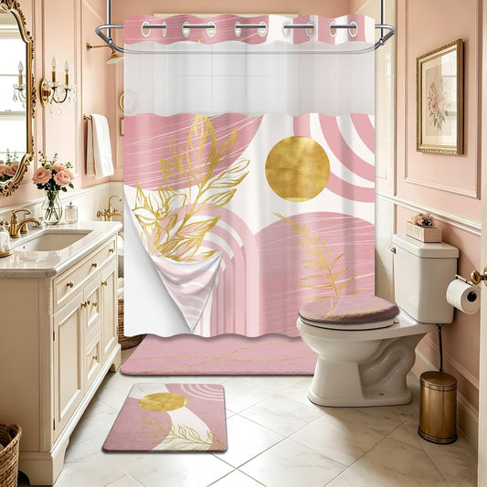 Light Pink Bathroom Sets with Hookless Shower Curtain and Rugs Cute Blush Pink Mid Century Modern No Hook Shower Curtain and Liner Set 4 Piece with Bath Mat and Toilet Lid Cover