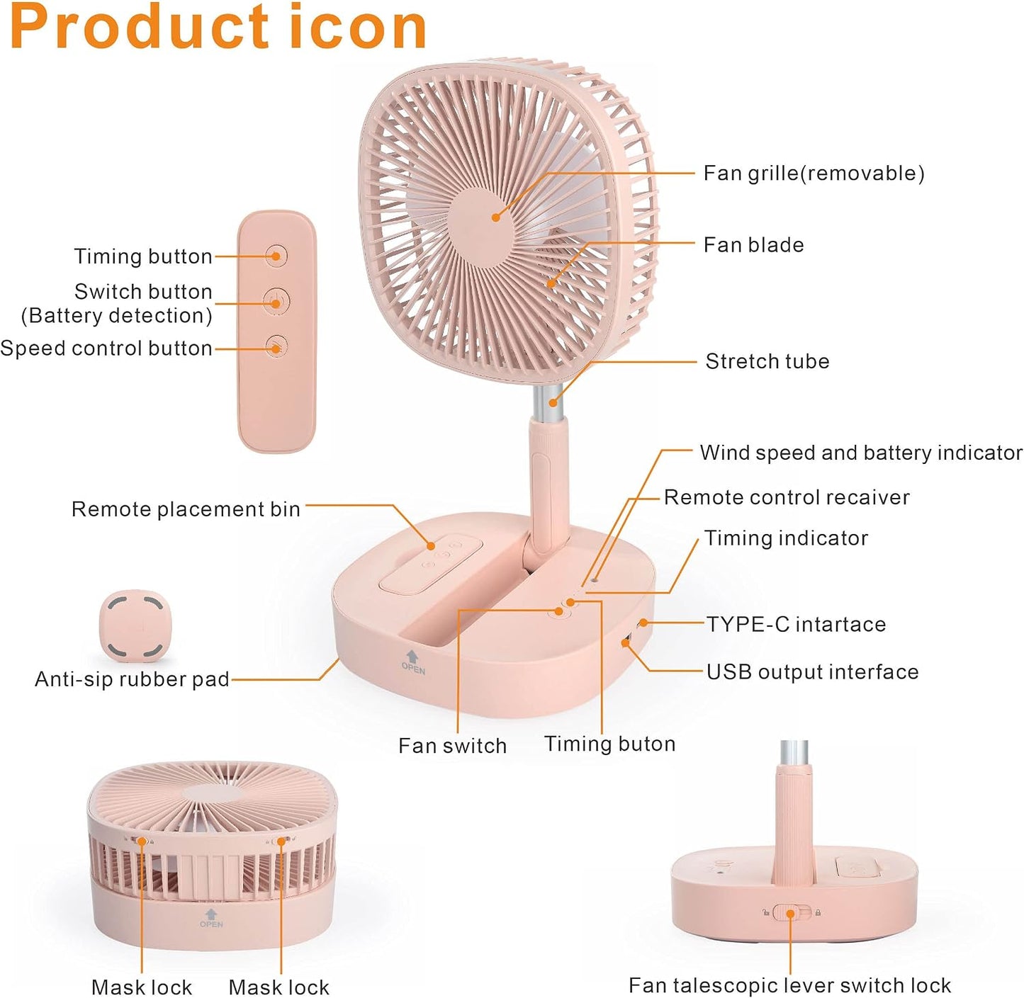 Magesh Portable Pedestal Fan - Foldaway Standing Fan Foldable Desk Fan, Use 7200Mah Rechargeable Battery, Remote Control Telescopic 4 Speed Quiet Timer Fan for Home Kitchen Outdoor Camping (Pink)