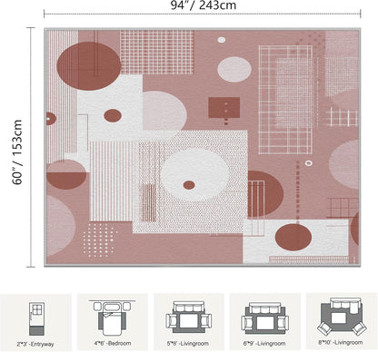 Geometric Checkered Circle Pattern Area Rugs 4x6 ft Abstract Modern Shag Rug Mid Century Peach Rugs Washable Non Slip Low Pile Soft Carpet for Indoor Dorm Bedroom Bathroom Dining Room