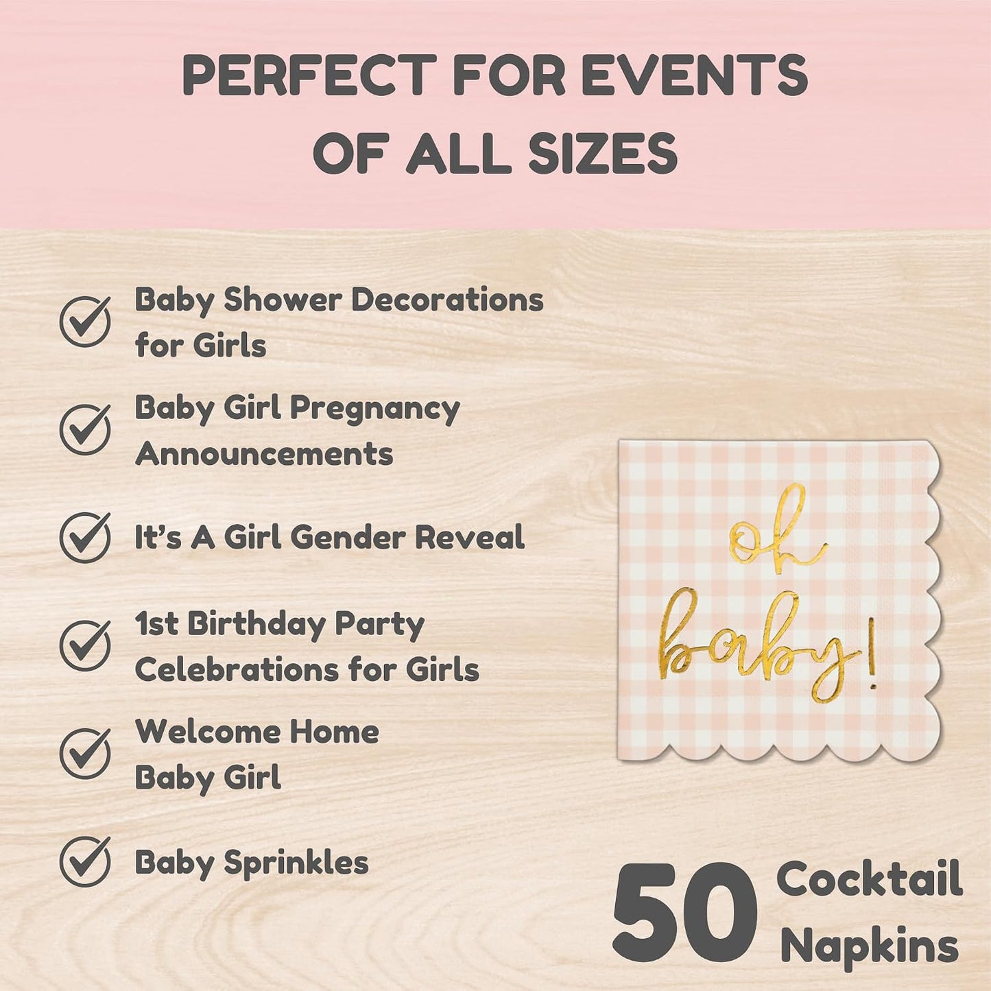 Cloverjoyed 'Oh Baby' Pink Baby Shower Decorations for Girls, Pink Plaid Oh Baby Napkins, Gingham Scalloped It's a Girl Decor, 1st Birthday, Welcome Home, Sprinkles, Pregnancy Announcement, 50 Pack