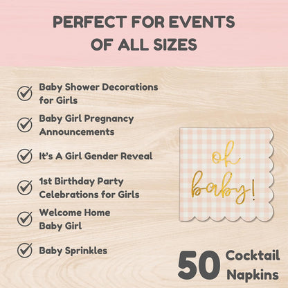 Cloverjoyed 'Oh Baby' Pink Baby Shower Decorations for Girls, Pink Plaid Oh Baby Napkins, Gingham Scalloped It's a Girl Decor, 1st Birthday, Welcome Home, Sprinkles, Pregnancy Announcement, 50 Pack