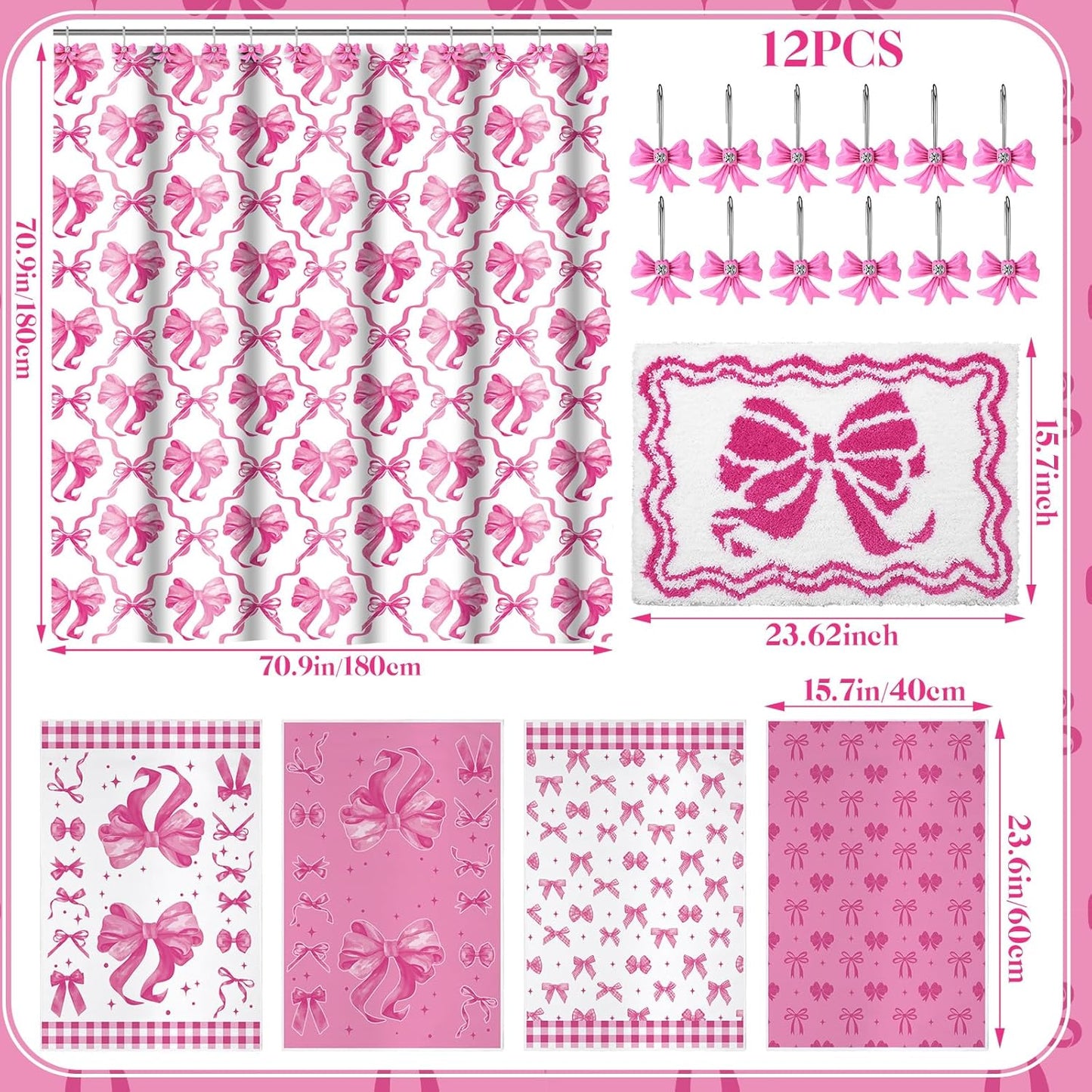 Fourluoo 18 Pcs Fabric Shower Curtain Set with 12 Decorative Shower Curtain Hooks Bathroom Towels Non Slip Absorbent Microfiber Rug for Modern Aesthetic Bathroom(Pink,Bow)